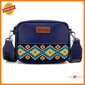 Vegan Leather Crossbody Bag with Aztec Pattern Adjustable Guitar Strap
